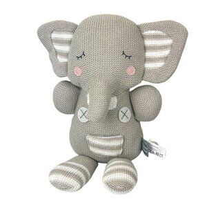 Theodore Elephant Gray Knit Rattle Plush Stuffed Animal Eyes Closed Cute Nursery